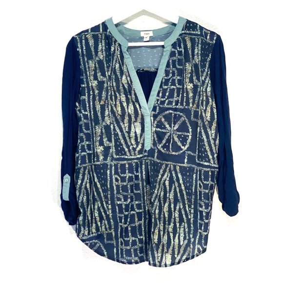 Anthropologie Tiny Brand Mixed Media Boho Printed Roll Tab Blouse Top - Picture 1 of 7
